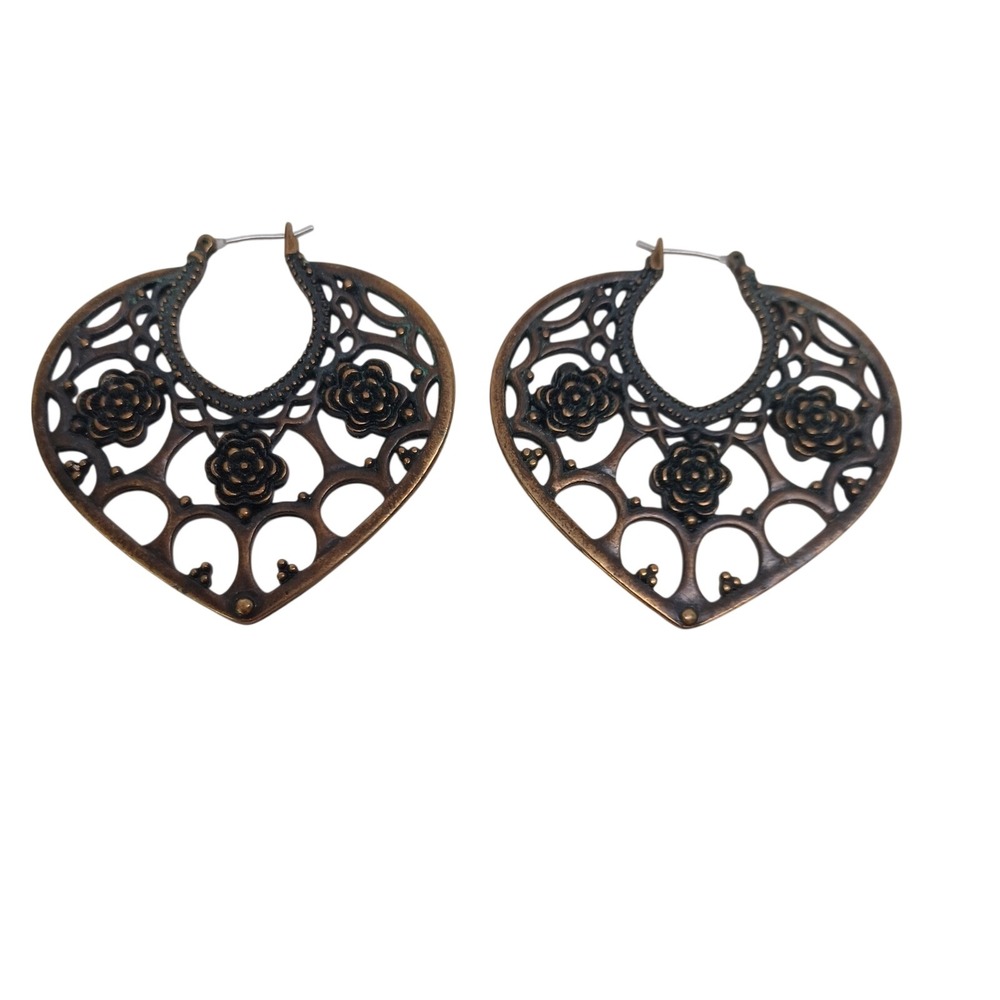 Fossil Vintage Bronze Filigree Heart Rose Flower Hoop Earrings Boho Antiqued